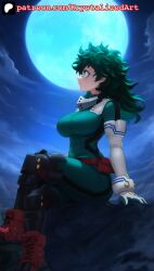 absurd_res adult_swim aged_up ai_generated big_ass big_breasts bodysuit curvaceous curvy female_deku freckles freckles_on_face from_side fully_clothed gender_transformation genderswap_(mtf) gloves green_eyes green_hair hero_outfit_(mha) heroine highres izuku_midoriya krystalizedart large_breasts leaning_back legs legs_crossed long_hair looking_up midoriya_izuku moon moonlight my_hero_academia night night_sky rule_63 side_view sitting skintight solo solo_female solo_focus stars thick_thighs thin_waist toonami transformation wallpaper