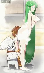 1boy 1girls animated assentlov clothed_male_nude_female female green_hair head_in_ass kid_icarus male naked naked_female nintendo no_sound nude palutena pit pit_(kid_icarus) rimming sideboob sitting smiling soap soap_censor tagme video