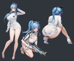 1girls ass bare_legs big_ass big_breasts blue_eyes blue_hair breasts busty goddess_of_victory:_nikke gray_background gun helm_(aquamarine)_(nikke) helm_(nikke) large_breasts legs multiple_angles multiple_views official_art rifle shiny_skin sprite wet_clothes