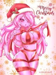 1girls angellinx3 ava_lamp belly_button breasts christmas christmas_hat female female_only gift_wrapping hat heart-shaped_pupils huge_breasts indie_virtual_youtuber looking_at_viewer merry_christmas monster_girl pink_eyes slime_girl solo sticky symbol-shaped_pupils virtual_youtuber wrappings