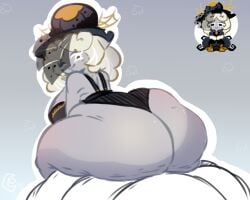 ass ass_focus big_breasts big_butt blush breasts clothed clothing cookie_run female food food_creature food_humanoid hair huge_butt humanoid hyper hyper_butt looking_back moonrainum panties simple_background smile solo thick_thighs truffle_cookie underwear