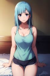 1girls ai_generated bed big_breasts blue_bra blue_eyes blue_hair blue_panties blue_tank_top blush female female_fobcus indoors jujutsu_kaisen kasumi_miwa light-skinned_female light_skin looking_at_viewer medium_hair mediumres naked only_female short_shorts stable_diffusion sunset