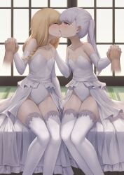 2girls blonde_hair braid breasts bride bride_and_bride closed_eyes dress elbow_gloves french_kiss french_kissing gloves holding_hands idun_(tower_of_saviors) kissing leotard lesbian_marriage lesbian_wedding long_hair miso_(b7669726) monster_strike pink_eyes ponytail sash side_ponytail sitting small_breasts thighhighs tower_of_saviors tsukuyomi_(monster_strike) wedding_dress white_dress white_hair white_leotard wife_and_wife window yuri yuri_wedding