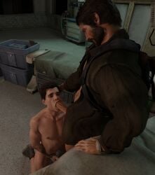 2boys 3d age_difference bara beard blowjob blowjob_face ellie_(the_last_of_us) ellie_williams genderswap_(ftm) hand_on_head joel_miller kneeling lumpyrumps_(artist) male male/male male_focus male_only muscle naughty_dog tattoo the_last_of_us the_last_of_us_2 undressing