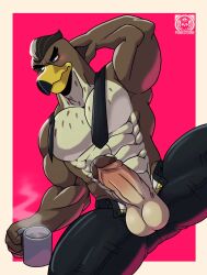 anthro avian balls bara barazoku bird boner ducktales ducktales_(2017) erection falcon falcon_graves male male_only muscles muscular open_fly pants penis shirtless solo solo_male spread_legs vier_punksterne