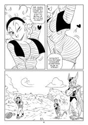 1girls 2boys afro big_breasts black_and_white breasts bulma_(afro) bulma_briefs curvy dragon_ball dragon_ball_super dragon_ball_z frieza funsexydragonball king_cold larger_male monochrome muscular_male page_6 size_difference smaller_female wink