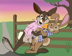 alternate_version_available animal_genitalia animal_penis anthro balls bottomless br'er_rabbit buckteeth clothed clothing detailed_background dialogue disney duo e._b. embrace eye_contact fence gay hop_(film) illumination_entertainment lagomorph lagomorph_penis leaning leaning_back male male_only mammal mizzyam nervous on_one_leg open_clothes open_mouth open_shirt penis penis_tip rabbit sheath shirt song_of_the_south standing teeth testicles tree universal_studios yaoi