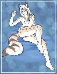 aludrakijurorin anthro blue_eyes breasts clair_(aludrakijurorin) cream_fur feline female fluffy_tail highres long_hair looking_at_viewer mammal nipples nude pink_nipples pink_nose pussy solo spots spread_legs spreading white_hair