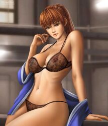 1girls areolae artist_logo big_breasts black_lingerie breasts brown_eyes brown_hair dead_or_alive female female_only flowerxl hair_ornament inside kasumi_(doa) lingerie long_hair looking_at_viewer nipples_visible_through_bra nipples_visible_through_clothing pinup sitting solo thick_thighs uncensored video_game_character wide_hips