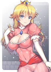 1girls abs blonde_hair blue_eyes bodysuit cleavage cleavage_cutout crown earrings female female_only long_hair mario_(series) nagase_haruhito navel nintendo princess_peach see-through skin_tight smile solo standing super_mario_bros. super_mario_bros._(nes) tight_clothing