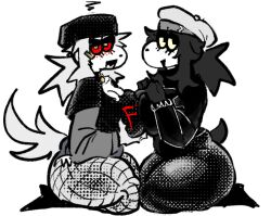 2girls anthro anthro_only bangs beanie big_breasts black_fur black_hair boots booty_shorts breast_press breast_squeeze breast_squish breasts collar_bell collar_with_bell cropped_shirt dog_girl duo edna_(scared_bum) eyeshadow female female_focus female_only fishnets ghastlybum grey_fur grey_hair hands_on_breasts hatching_(art) hatching_(technique) hatching_(texture) holding_breast jack_(ghastlybum) jean_shorts jewelry long_sleeves looking_at_viewer on_knees ponytail red_sclera scared_bum sharp_fingernails tagme tail text text_on_clothing text_on_shirt text_on_topwear tired_eyes white_hair