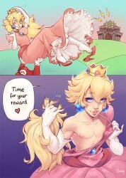 2boys blonde_hair blue_eyes clothing crossdressing dress elbow_gloves femboy genderswap_(ftm) gloves high_heels male male_only mario mario_(series) multiple_boys nintendo nipples peachy pink_dress prince_apricot princess_peach rule_63 solo_focus super_mario_bros. tagme trap