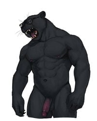 1boy 2016 ^69 abs anthro balls biceps black_fur black_nose claws closed_eyes eyewear fangs feline fur glasses hi_res humanoid_penis male male_only mammal muscular muscular_male navel nipples nude open_mouth panther pecs penis pubes simple_background solo standing tongue vein veiny_penis whiskers