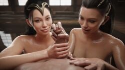 1boy 2girls 3d anonymous_male asian_female bath bathhouse black_hair breasts double_handjob handjob hot_spring kitana kitana_(new_era) long_hair looking_at_viewer mileena mileena_(new_era) mohleena mortal_kombat mortal_kombat_1_(2023) nude nude_female nyxenartz onsen partial_male ponytail precum sisters smile smiling smiling_at_viewer sweat twins