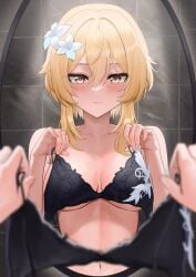 1girls ayul_(ayulneri_92) black_bra blonde_hair bra bra_removed breasts female genshin_impact lumine_(genshin_impact) mirror mirror_reflection solo solo_female