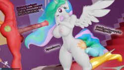 16:9 4k absurd_res alicorn anthro big_macintosh_(mlp) blender_(software) boots clothing dress equid equine female footwear friendship_is_magic genitals hasbro hi_res high_heeled_boots high_heels horn mammal mane musk my_little_pony penis pornography princess_celestia_(mlp) royalsimp stairs tail tanga text widescreen wings