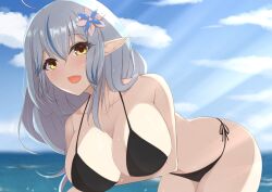 1girls ahoge bikini chimunge cleavage cloud collarbone female flower flower_in_hair grey_hair hair_ornament highlights hololive hololive_gen_5 hololive_japan large_breasts leaning_forward light-skinned_female light_skin long_ears long_hair looking_at_viewer ocean open_mouth outside pointy_ears side-tie_bikini sky smile solo straight_hair virtual_youtuber water yellow_eyes yukihana_lamy