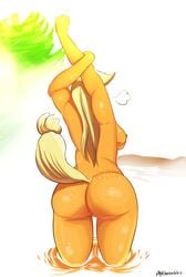 2015 absurd_res anthro anthrofied applejack_(mlp) ass big_butt blonde_hair breasts earth_pony equine female freckles friendship_is_magic hair hi_res horse mammal murderousart my_little_pony nipples pony pussy rear_view sideboob simple_background smooth_skin solo standing stretching white_background