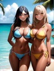 2girls ai_generated ai_mirror beach belly_button black_hair blonde_hair blue_bikini blue_eyes blush dark_skin hand_behind_back long_hair looking_at_viewer medium_breasts palm_tree sea seaside smile suntan yellow_bikini yellow_eyes