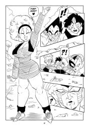 1girls 4boys afro big_breasts black_and_white breasts bulma_(afro) bulma_briefs dragon_ball dragon_ball_super dragon_ball_z frieza funsexydragonball king_cold monochrome page_5 smile vegeta waving yamcha