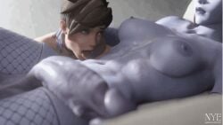 1futa 1girls 3d abs animated breasts brown_hair female female_on_futa fishnet_stockings fishnets futa_with_female futanari gif hand_around_neck huge_balls huge_cock licking licking_abs muscular_female muscular_futanari no_penetration nyl2 nyl_widowmaker overwatch purple-skinned_futanari purple_skin sucking throbbing_penis tits tracer widowmaker