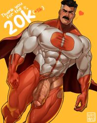 1boy 2023 balls bara barazoku big_balls big_penis blush body_hair clothing facial_hair gay hairy hairy_balls hairy_male half-erect invincible invincible_(comics) invincible_(tv_series) leg_hair looking_at_viewer male male_focus male_nipples male_only male_pubic_hair manly moustache muscular_male nipples nolan_grayson omni-man penis penis_out precum precum_drip ripped_clothing solo solo_male tight_clothing waympo yaoi