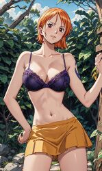 1girls ai_generated belly_button big_breasts bra breasts cleavage female female_only leaves little_garden nami no_shirt one_piece orange_hair outdoors outside pre-timeskip short_hair skimpy skimpy_clothes skirt solo