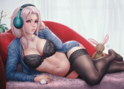 1female 1girls big_breasts big_thighs black_bra black_panties black_pantyhose black_thighhighs chloe_(sciamano240) confused confused_face confused_look exposed_belly female headphones looking_at_viewer looking_away mirco_cabbia oc original original_character pink_eyes pink_hair red_pillow sciamano240 shirt signature smartphone solo solo_female solo_focus unbuttoned_shirt wide_hips