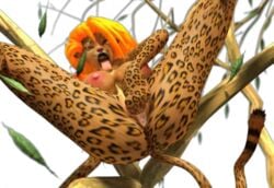 3d 3dgspot anthro breasts feline female humanoid jaguar jungle_heat large_breasts mammal meanne orange_hair solo spots spotted_skin tree