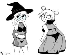 2girls blush cape costume elbow_gloves fangs female female_only fishnets glasses gloves hair_bun halloween julie_powers long_hair monochrome panties ponytail roxanne_richter scott_pilgrim see-through see-through_clothing short_hair underwear vampire vazyngaz witch witch_hat