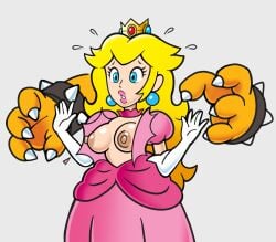 1boy 1girls accurate_art_style anthro armwear blonde_hair blue_eyes boobtardd bowser bracelet breasts breasts_out claws clothing crown dress duo ear_piercing exposed_breasts eyelashes female floating_hands hands_up human koopa light_skin light_skinned_female lipstick long_hair male mammal mario_(series) mature mature_female mature_woman nintendo nipples pink_dress pink_lipstick princess princess_peach reptile ripped_clothing royalty scalie spiked_bracelet surprised sweat unseen_male_face voluptuous voluptuous_female white_armwear white_background