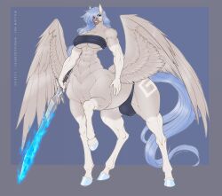 anthro blue_fire blue_hair blue_tail bottomwear bulge chest_wraps clothing colored_fire equid equid_taur equine fire flaming_sword futa_only futanari gynomorph hair hi_res hooves intersex mammal mammal_taur melee_weapon pegasus pegasus_taur sword tail taur underwear weapon wings wmdiscovery93 wraps