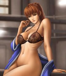 1girls areolae artist_logo big_breasts black_bra black_panties breasts brown_eyes brown_hair dead_or_alive female female_only flowerxl hair_ornament inside kasumi_(doa) long_hair looking_at_viewer nipples nipples_visible_through_bra nipples_visible_through_clothing no_bra no_panties nude pinup sitting solo thick_thighs uncensored video_game_character wide_hips