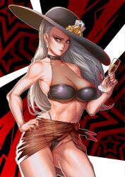 2d atlus big_hat bikini black_bikini breasts cards champagne champagne_glass female female_only grey_hair hat holding_object long_hair looking_at_viewer megami_tensei nemodecy partially_nude persona persona_5 red_background sae_niijima sega shadow_sae solo thick_thighs