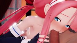 1boy 1boy1girl 1girls 3d animated blue_eyes censored cum cum_in_mouth cum_inside fellatio female licking_penis looking_at_viewer male mmd mp4 pink_hair rindoummd sound tagme video