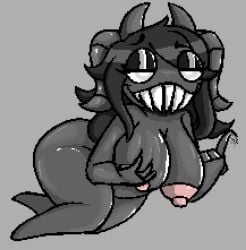 big_breasts black_body black_hair breasts demon digital_media_(artwork) female hair horn horned_humanoid humanoid long_hair nipples not_furry nude sharp_teeth simple_background siren smile solo teeth the_binding_of_isaac the_siren_(the_binding_of_isaac) thick_thighs unknown_artist white_eyes wide_hips