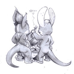 all_fours anthro arm_around_leg ass backsack balls barefoot chua closed_eyes double_oral drooling duo ear_grab erection fan_character fellatio greyscale group group_sex humanoid_penis male male_only mammal monochrome nude oral oral_penetration pencil_(artwork) penetration penis precum rear_view saliva sex slightly_chubby smuttypencils sound_effects standing threesome traditional_media_(artwork) wildstar