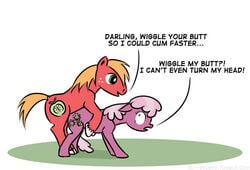 2014 big_macintosh_(mlp) blonde_hair cheerilee_(mlp) cutie_mark dialogue duo earth_pony el-yeguero english_text equine female feral feral_on_feral friendship_is_magic from_behind_position fur green_eyes horse humor looking_back male mammal multicolored_hair my_little_pony pink_hair pony purple_fur red_fur sex simple_background straight text two_tone_hair white_background