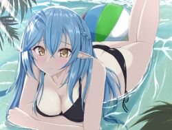 1girls ahoge bangs beach_ball bikini black_bikini blue_hair braid braided_hair chimunge cleavage eyebrows_visible_through_hair female hololive hololive_gen_5 hololive_japan lamy large_breasts legs_together legs_up light-skinned_female light_skin long_ears long_hair looking_at_viewer lying lying_on_stomach outside plant pointy_ears side-tie_bikini smile solo straight_hair virtual_youtuber water yellow_eyes yukihana_lamy