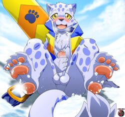 1boy 2013 4_fingers 4_toes anthro artist_logo artist_name balls ballsack barefoot blue_fur blue_spots blush body_fur bottomless_male cum cum_on_hand cum_on_penis cumshot erection feet feline foreskin humanoid_penis intact kivwolf leopard looking_at_viewer male male_only mammal masturbation ollie_(pop'n_music) open_mouth orgasm partially_retracted_foreskin pawpads paws penis perineum pop'n_music scrotum smooth_penis snow solo tail testicles toes uncut yellow_eyes