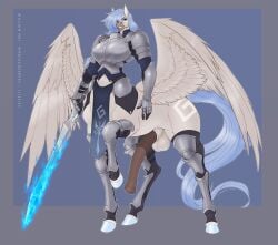 animal_genitalia animal_penis anthro armor balls blue_fire blue_hair blue_tail boob_armor bottomwear bulge clothing colored_fire equid equid_taur equine equine_genitalia equine_penis fire flaming_sword futa_only futanari genitals gynomorph hair hi_res hooves intersex loincloth mammal mammal_taur medial_ring melee_weapon pegasus pegasus_taur penis sword tail taur weapon wings wmdiscovery93