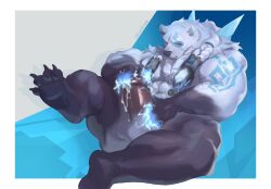 anthro ball_tuft balls bear blue_tattoo bodily_fluids closed_eyes cum cum_drip cum_on_penis dripping electricity feet fur genital_fluids genitals hi_res kawaakumma league_of_legends male male_only mammal masturbation muscular muscular_anthro muscular_male nails pecs penis polar_bear riot_games solo tattoo thick_penis tuft ursine volibear white_body white_fur