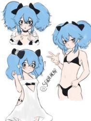 1boy @_@ bikini black_eyes blue_hair blush bulge dress femboy hair_ribbon original_character pale_skin skinny squishcap_(artist) twintails twitter_username