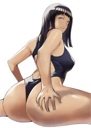 absurdres arad_baranga ass ass_grab big_ass black_hair blunt_bangs breasts competition_swimsuit covered_erect_nipples female from_behind grabbing_own_ass highres hime_cut huge_ass hyuuga_hinata large_breasts light_smile long_black_hair long_hair looking_at_viewer looking_back milf naruto naruto_(series) naruto_shippuden one-piece_swimsuit puffy_nipples simple_background sitting solo straight_hair swimsuit thighs wariza white_background