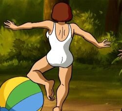 1girls ass beach_ball brown_hair camp_scare cropped from_behind official_art one-piece_swimsuit scooby-doo scooby-doo!_camp_scare screencap screenshot solo velma_dinkley