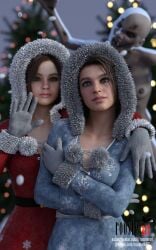 10:16 2girls 3d 3d_(artwork) blush breasts brown_hair christmas christmas_outfit christmas_tree claire_redfield cleavage clothed clothed_female evening fur_trim gloves grey_gloves hood hood_up hoodie jill_valentine looking_at_viewer medium_hair monster_girl nipple outdoors patreon patreon_username resident_evil resident_evil_2 resident_evil_2_remake resident_evil_3 resident_evil_3_remake roosterart snow snowing standing subscribestar subscribestar_username video_game video_game_character video_game_franchise zombie zombie_girl