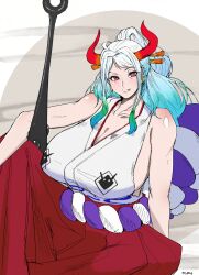 :d breasts cleavage club_(weapon) earrings female female_focus female_only gradient_background hakama hakama_skirt head_tilt high_ponytail highres hoop_earrings horns japanese_clothes jewelry kanabou large_breasts long_hair looking_at_viewer multicolored_hair one_piece oni oni_female oni_horns open_mouth romo_(samesameyeah) samesameyeah side_slit simple_background sitting skirt sleeveless smile solo swept_bangs two-tone_hair weapon yamato_(one_piece) yellow_eyes youkai