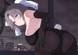 1girls back_view bunny_ears bunny_tail bunnysuit chimunge city elbow_gloves female grey_hair hair_ornament inside leaning_forward light-skinned_female light_skin looking_at_viewer looking_back medium_hair night no_bra pantyhose senran_kagura sideboob sky skyscraper solo standing star straight_hair window yumi_(senran_kagura)