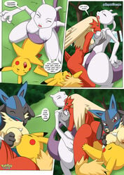 avian big_breasts big_dom_small_sub bird blaziken breast_fondling breast_sucking breasts canine chicken comic dialogue english_text erect_nipples erection female fondling group group_sex hand_on_breast hi_res huge_breasts lucario male mammal mewtwo nintendo nipples nude palcomix palcomix_team penetration pikachu pokemon pokemon_(species) sex size_difference straight sucking text vaginal_penetration video_games