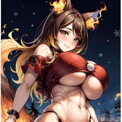 1girls ai_generated animal_ears arbitrary brown_hair christmas christmas_outfit fiery_tail fire grinning hi_res huge_breasts indie_virtual_youtuber large_breasts sinder_(vtuber) stable_diffusion two_tone_hair underboob virtual_youtuber wolf_ears wolf_girl wolf_tail yellow_eyes yellow_hair